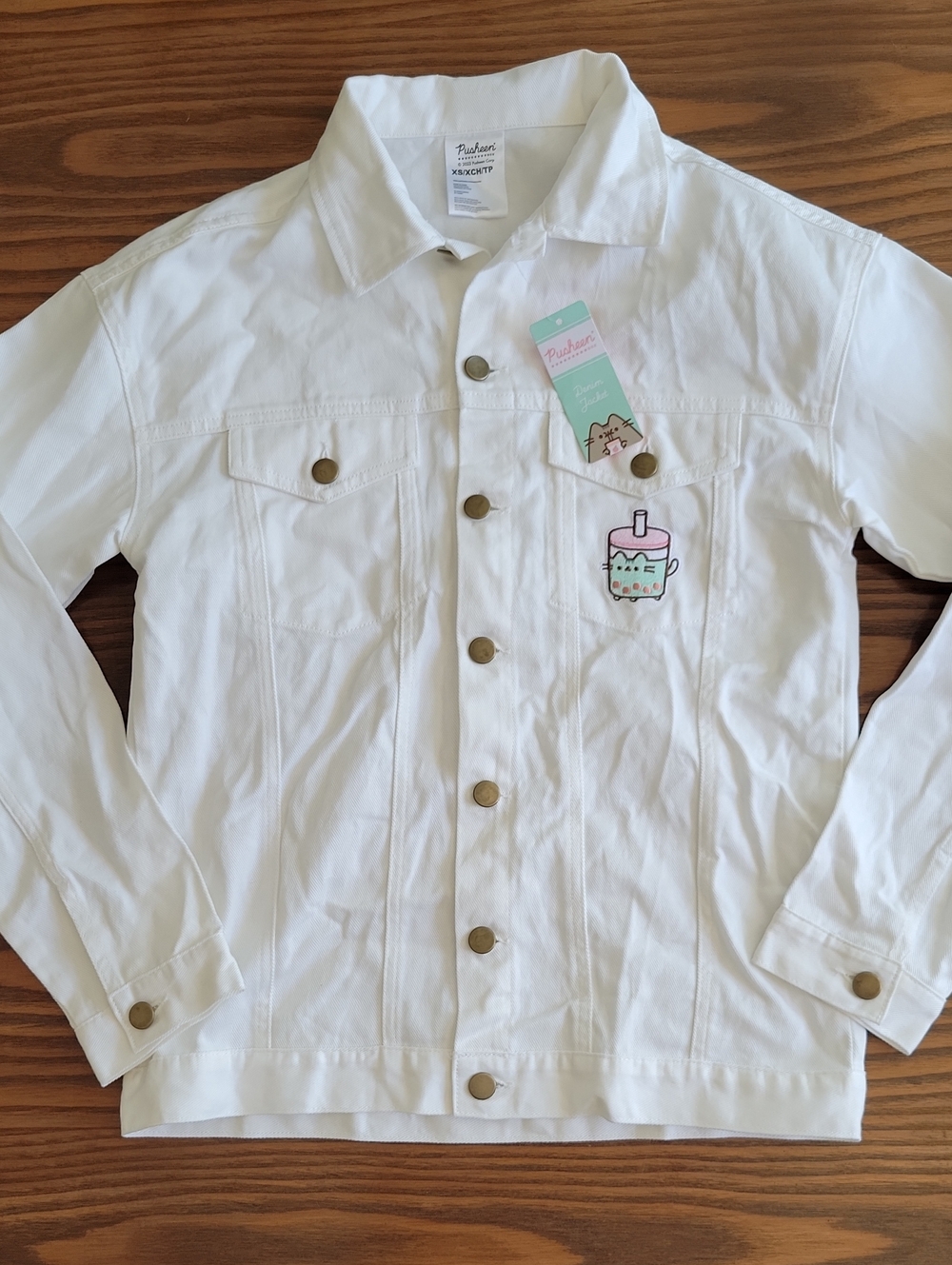 NWT -- PUSHEEN White Denim Jacket with Pastel Pusheen Patch | Size: XS